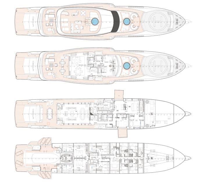Raumwunder: Auf der Wider 165 schlafen bis zu zwölf Gäste und elf Crewmitglieder, und es ist Platz für zwei Whirlpools und einen Salzwasserpool