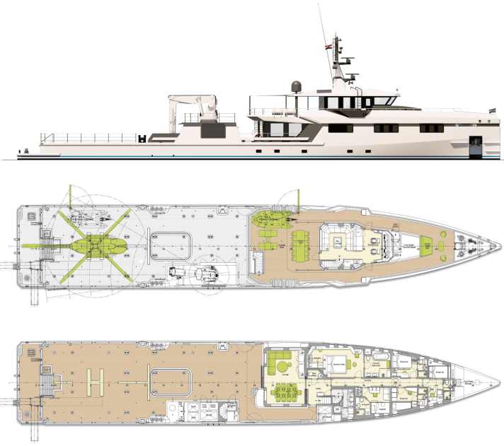 Große Spannweite: Schwenkt der Kran von Heila auf maximal 18 Meter aus, kann er bis zu acht Tonnen schweres Gut auf das Helideck von „After You“ heben. Oberdeck: Die Bar-Zeile ist nicht verzeichnet, der Crewtender parkt unten. Der Kapitän schläft eine Ebene unter der Brücke. Hauptdeck: Backbords eine Suite mit Badewanne. Auf das Unterdeck führen die Haupttreppe und ein Niedergang unter dem Kran.