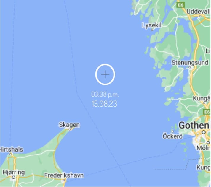 The location of the "Paikja" shortly after the encounter with the orca
