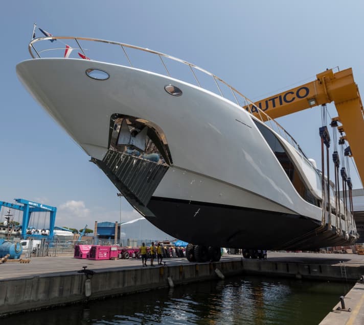 The 50 metre long GRP hull came into contact with water for the first time in Viareggio.