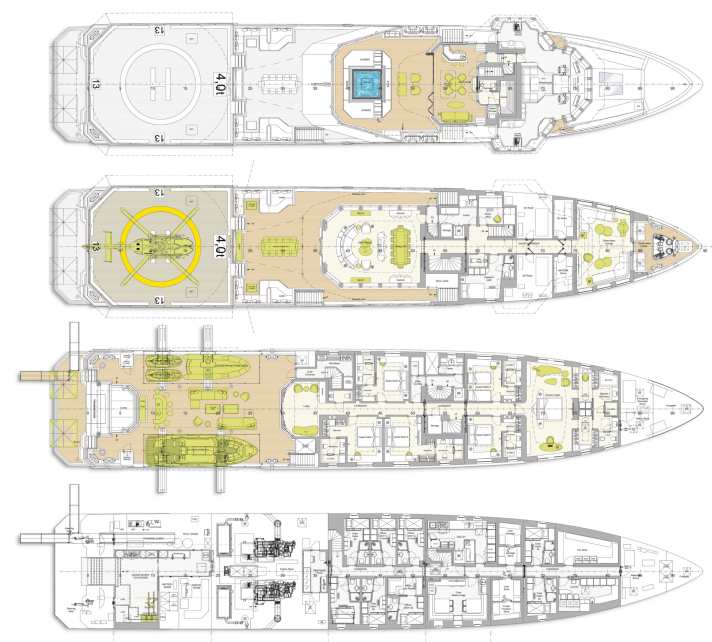 Brückendeck: An den Steuerstand mit optimierter Sicht nach allen Seiten schließen sich Sauna, Sky Lounge und Spa-Pool an. Oberdeck: Von der Terrasse geht es durch die Observation Lounge an Kapitänskabine und Massageraum vorbei in den Salon. Hauptdeck: Stufenlos gelangen Eigner und Gäste von ihren Kabinen via Lobby auf das ursprünglich für Tender gedachte Achterdeck. Unterdeck: Große Crewbereiche und eine als Krankenstation nutzbare Personal­kabine liegen vor dem Maschinenraum.