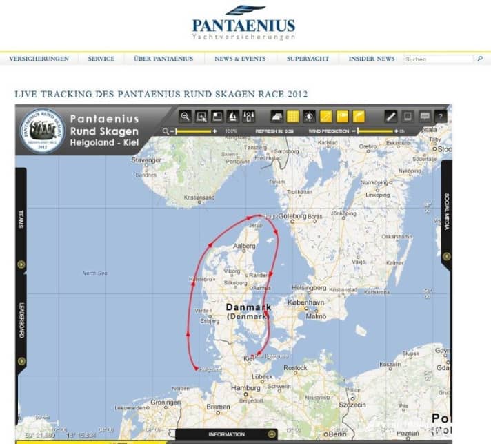   Screenshot of the tracking of the Pantaenius-Rund-Skagen-Race