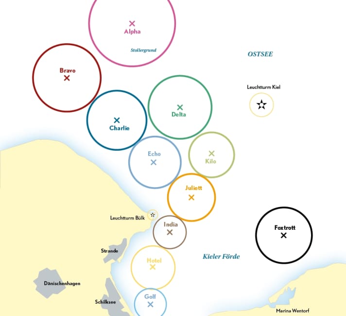 The regatta areas of the Kieler Woche: iQFoil is scheduled for "Juliett", on Tuesday the TV course "Hotel" will be used
