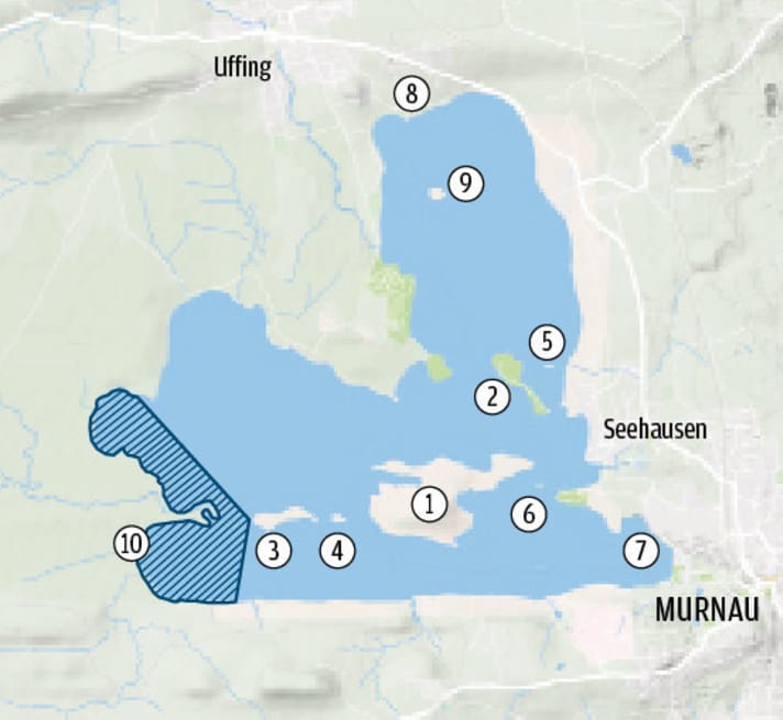 1 Wörth | 2 Buchau | 3 Große Birke | 4 Kleine Birke | 5 Gradeneiland | 6 Jakobsinsel | 7 "Schweinebucht" | 8 Seerestaurant/Strandbad Alpenblick | 9 Mühlwörth | 10 Nature reserve (not navigable)