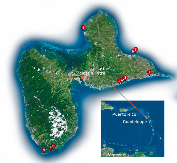 1. St. Francois 2. St. Anne / Bois Jolan 3. St. Anne / Calif 4. St. Anne / La Digue 5. La Communale 6. Le Moule / Lagune 7. Le Moule / Les Alizees 8. Port Louis 9. Vieux Fort 10. Grande Anse 11. Batterie