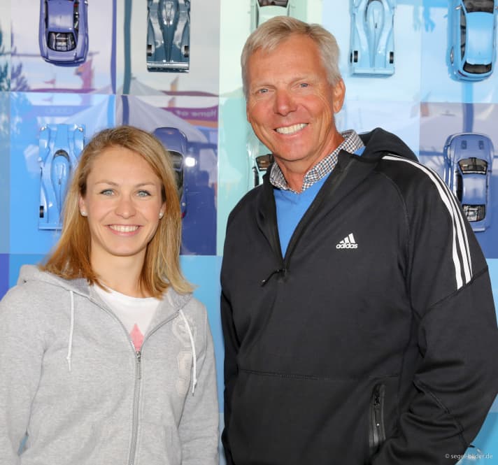   Prominente Sportler bei der Kieler Woche 2015: Biathlon-Königin Magdalena Neuner und Jochen Schümann. Auch in diesem Jahr laden Partner wie Audi bekannte Sportler aus anderen olympischen Disziplinen nach Kiel ein