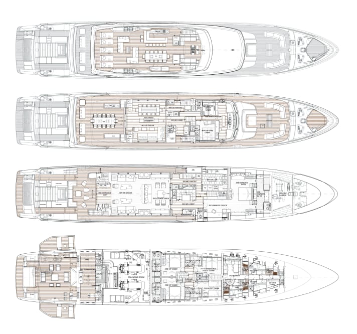 Charter-friendly: four cabins on the lower deck, one on the main deck and one on the upper deck. The beach club is the highlight of the yacht: BEX
