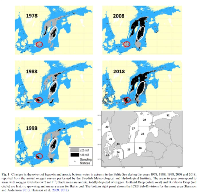 Spread of low oxygen zones in the Baltic Sea over the decades