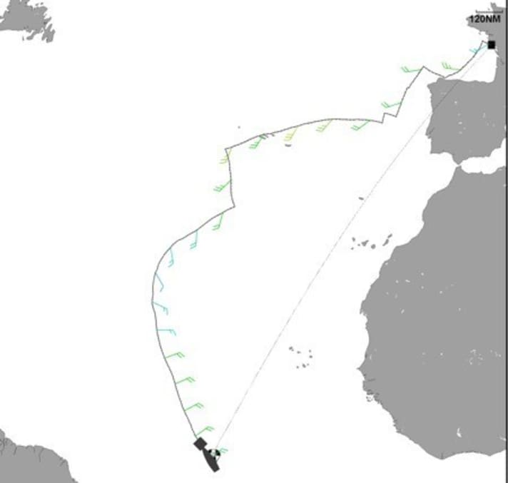   Ein typisches Routing könnte in etwa so aussehen wie hier. Das Timing der Halsen wird stark mit den jeweils enstehenden Wetterbedingungen zusammenhängen. An dieser Stelle wird das Rennen spannend. Wir könnten in letzter Minute sogar Führungswechsel erleben