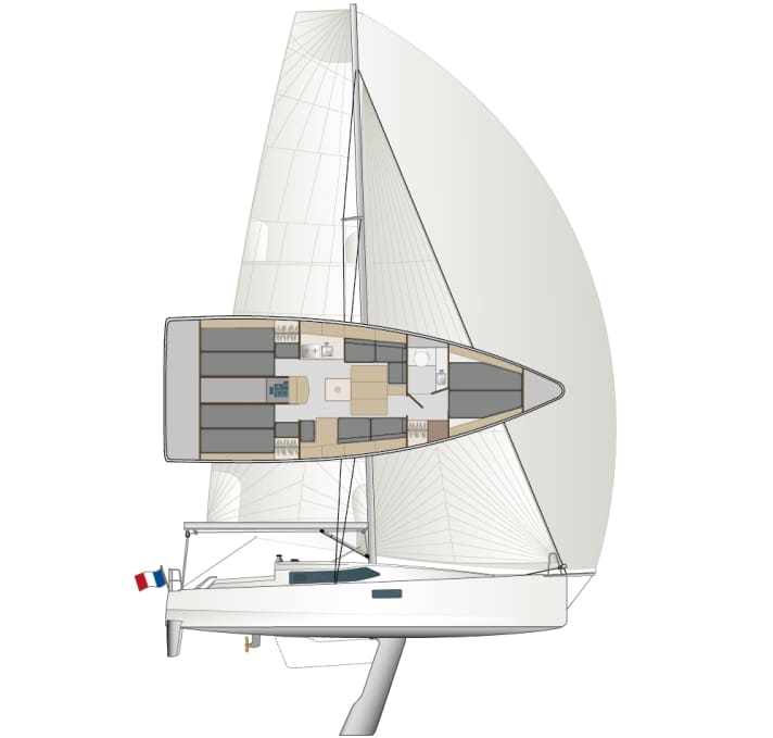 A fixed keel is also possible as an alternative to the deep swivelling keel. The double cabins in the stern are