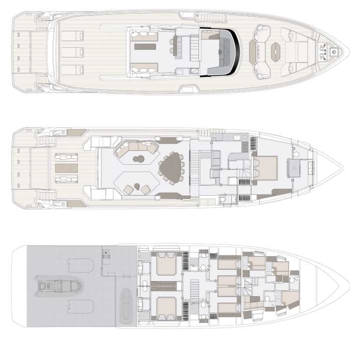 Fly: Zu drei Seiten öffnet sich der Raum hinter der Brücke. So entsteht eine Veranda mit Meerblick. Zusatzdeck: Die Heck­klappe erweitert das Cockpit um einen Platz nah am Meer. Hauptdeck: Der asymmetrisch eingerichtete Salon geht ins streng symmetrische Außenareal über. Unterdeck: Statt eines Flurs stellten m2atelier den vier Kabinen einen rechteckigen Raum voran.