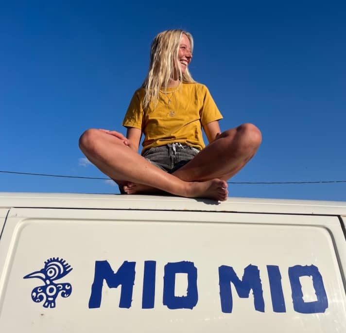 Arrived: A happy Lisa on her van.