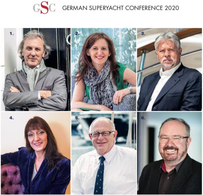 Referenten 2020 (v. l.): 1 Yachtdesigner Philippe Briand 2 "YPI Crew"-Chefin Laurence Lewis 3 Lürssen-Salesmanager Michael Breman 4 Kunstexpertin Pandora Mather-Lees 5 Burgess-CEO Jonathan Beckett 6 Spa-Profi Matthias Voit | it