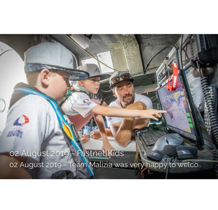   Curious young fans visit skipper Boris Herrmann at his workplace