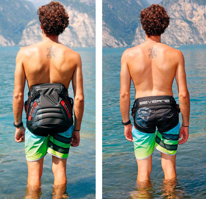 Maximum support comfort (left) and maximum freedom of movement (right) compete in the case of seat harnesses. The tight-fitting briefs are not uncomfortable, but they put more strain on the core muscles and always have a very low hook.