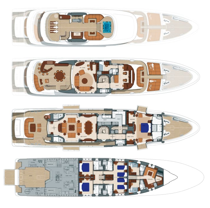 Wandelbares Unterdeck: Zwei Gäste-Doppelkabinen werden zu VIP-Suiten, eine dritte Crewkabine erfordert eine Rumpfverlängerung um 1,50 Meter