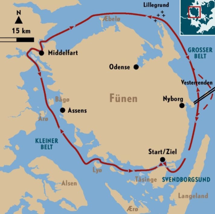 Le parcours autour de Funen promet les deux : une navigation sûre et un défi de navigation. Alors que le sud de la mer du Sud danoise est attrayant avec ses baies abritées, les Sunden et Belten peuvent être turbulents en raison du trafic et du courant.