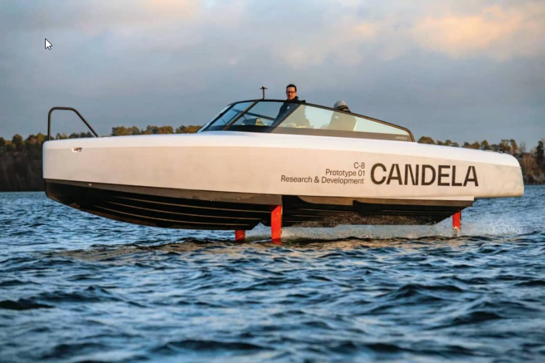 Candela C-8: More than 50 nautical miles range at 24 knots cruising speed and 30 knots (55.6 km/h) top speed. Purely electric and with one battery charge - it goes without saying.  Carbon, a revolutionary pod drive developed in-house and an electronically controlled hydrofoil system that reduces frictional resistance by 80 per cent make it possible.