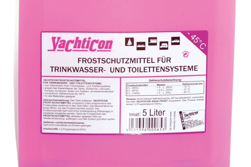 Yachticon antifreeze for drinking water and toilet systems. Pre-diluted, provides protection against freezing down to -45 °C. Suitable for all materials. 19.95 euros/5 litres