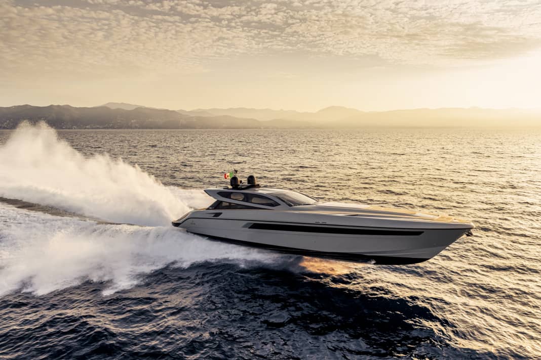 "Darth Vader": When the 22.27 metre long and 52 tonne displacing glass fibre Kevlar construction shoots across the blue at up to 50 knots, the bow thruster can soak up the sun