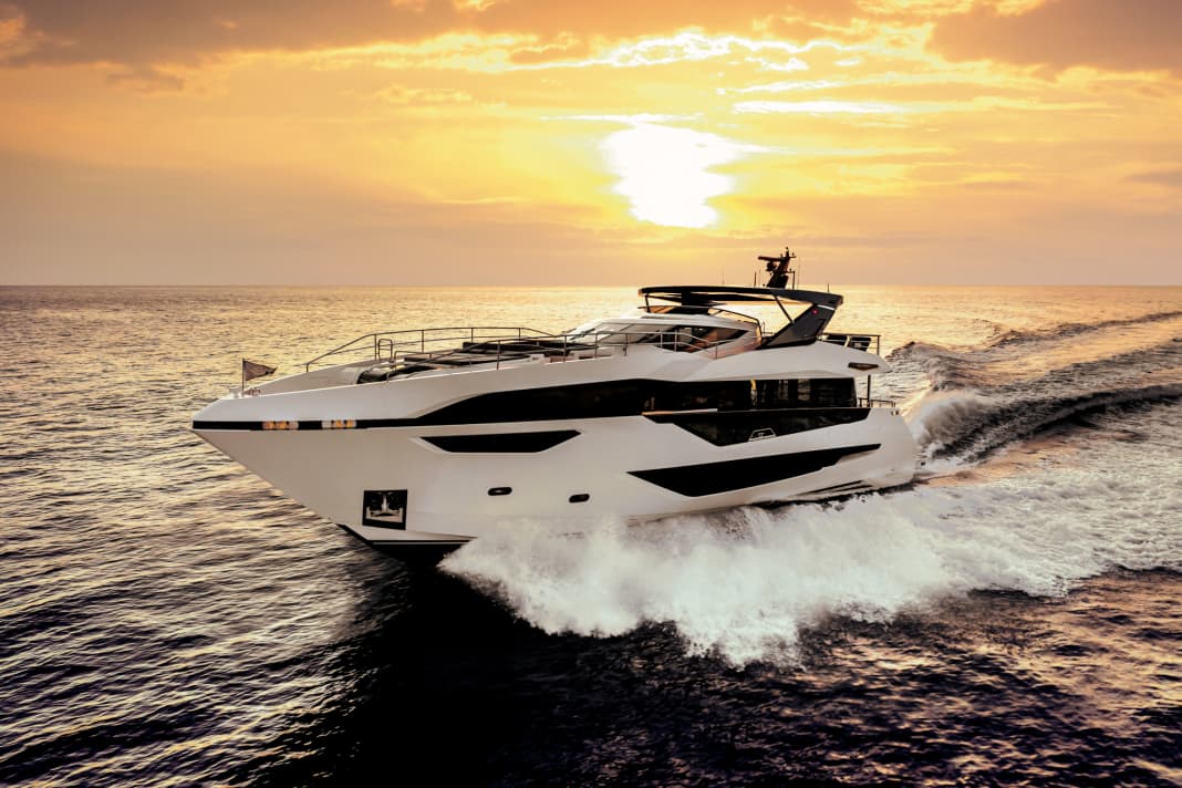 Full speed ahead: The Sunseeker 100 rushes across the sea at a maximum of 30 knots. To match this, the shipyard's own creative team gave it a flat profile and jagged lines