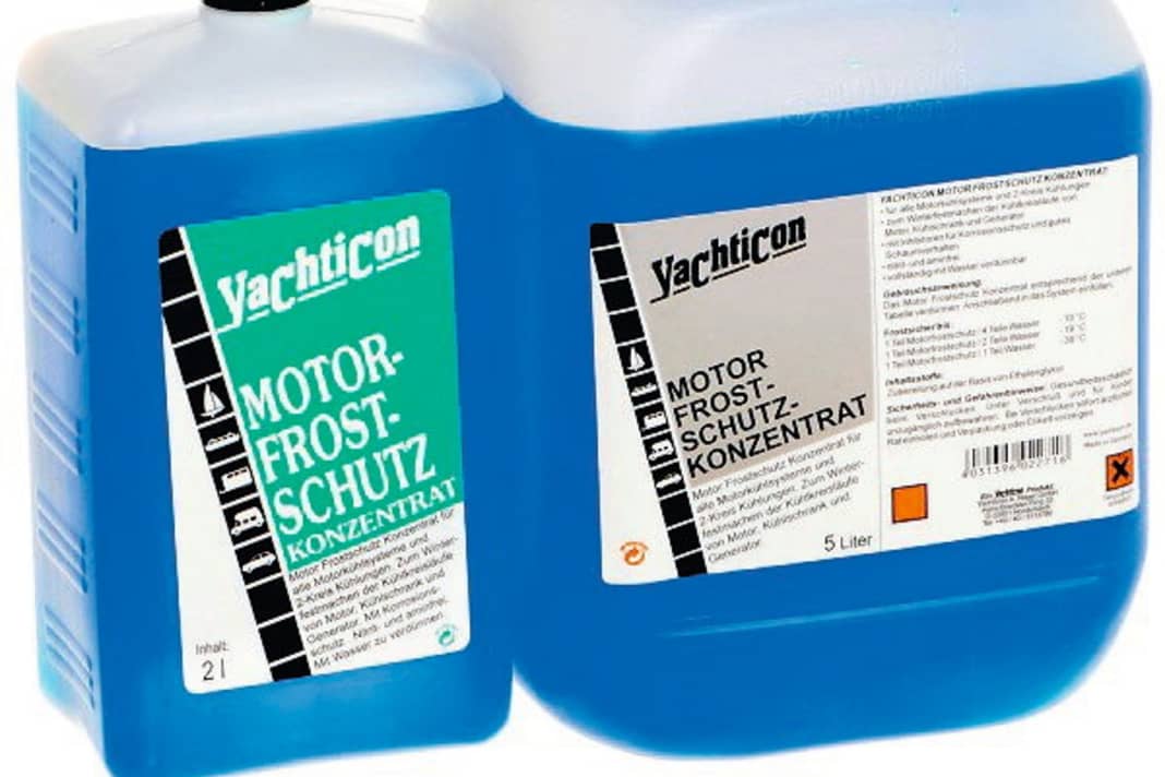 Antigel moteur Yachticon, utilisable non dilué jusqu'à -59 °C. 19,95 Euro/2 litres