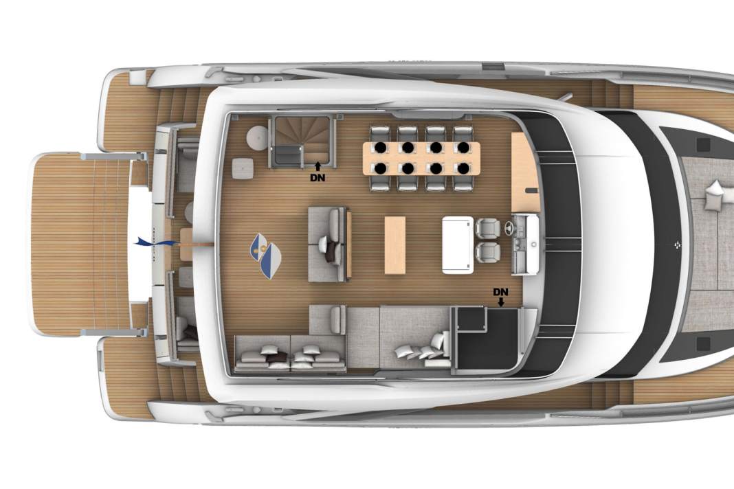 Flybridge: The owners have a helmstand with two armchairs and a dining area for eight people