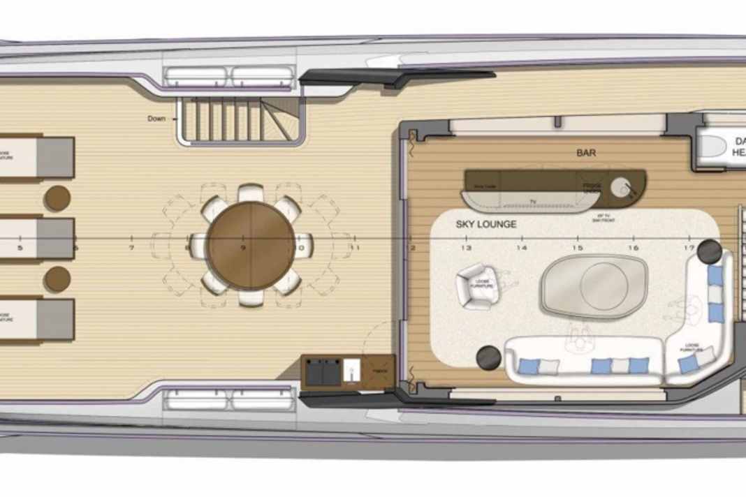 Upper deck: closed helm position, companionway to starboard and asymmetrical sky lounge