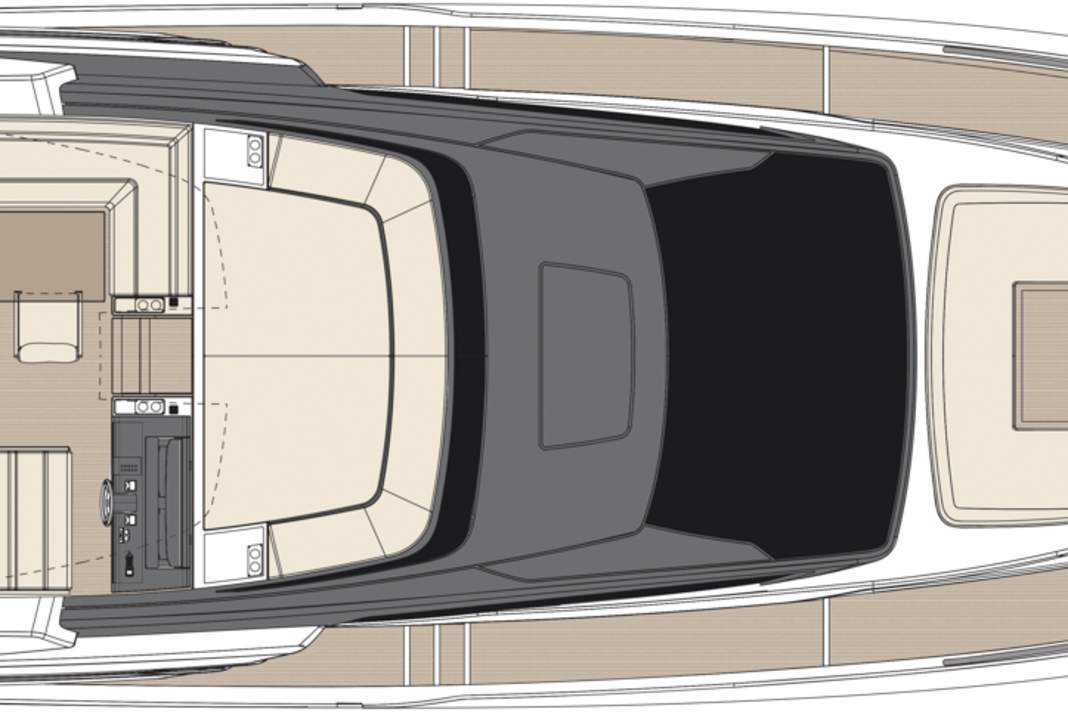 Fly: 40 square metre sun deck with lounge, dining table, free-standing bar and second steering position, protected by a hardtop with glass panes