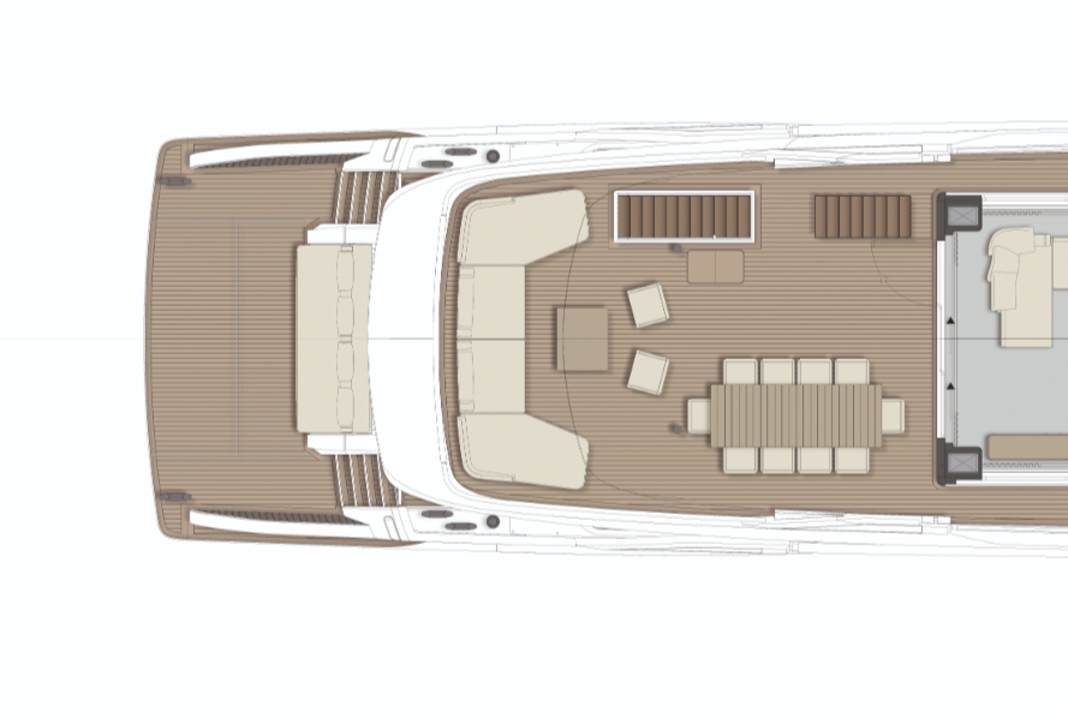 Saloon decks: The captain has his suite behind the helm. Separate paths lead the crew and guests around the yacht.