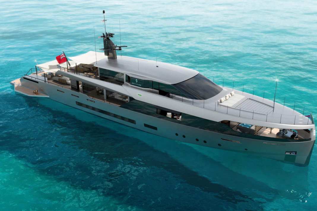 "Spitfire": The streamlined 50-metre design features a low profile, rounded bow section, lots of dark glass and a matt grey finish