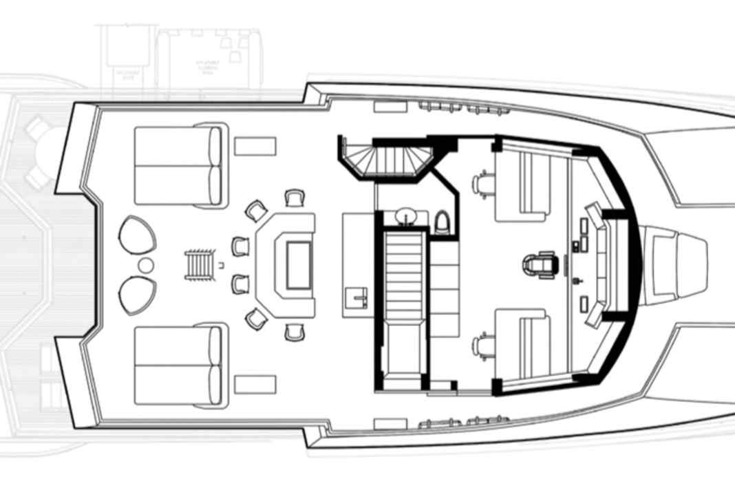 Bridge deck: The short superstructure does not allow for a captain's cabin, but there is a large barbecue area on the outside, behind which steps lead to the crow's nest