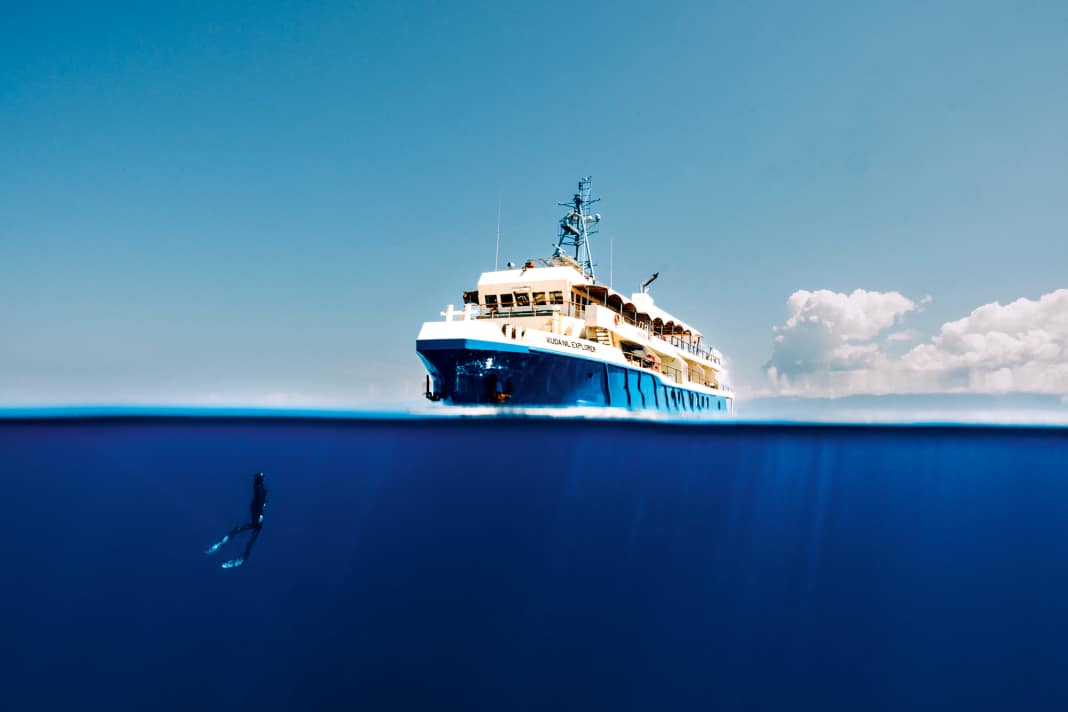 Big blue: The 50 metre long "Kudanil Explorer" cruises the Indonesian islands with Pelorus customers, diving stops included.