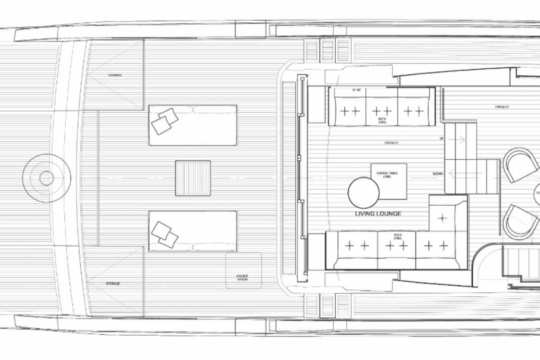 Hauptdeck: In der Lissoni-Version wird hinter der Brücke gespeist.  Auf Wunsch wandert der Esstisch nach achtern in die Lounge.