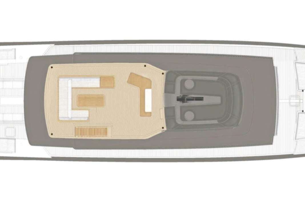 Sun deck: An external staircase leads to the top. The captain steps onto the bridge in front of the bar. Biminis provide shade.