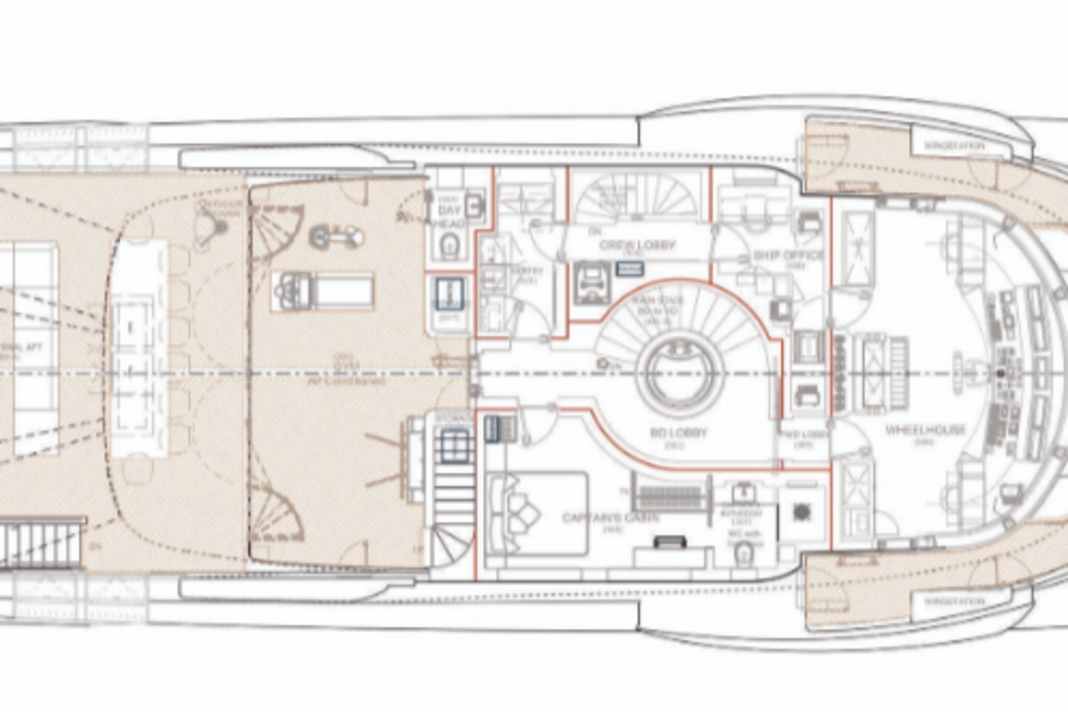 Bridge deck: The captain's cabin is located between the steering position and the indoor-outdoor gym.