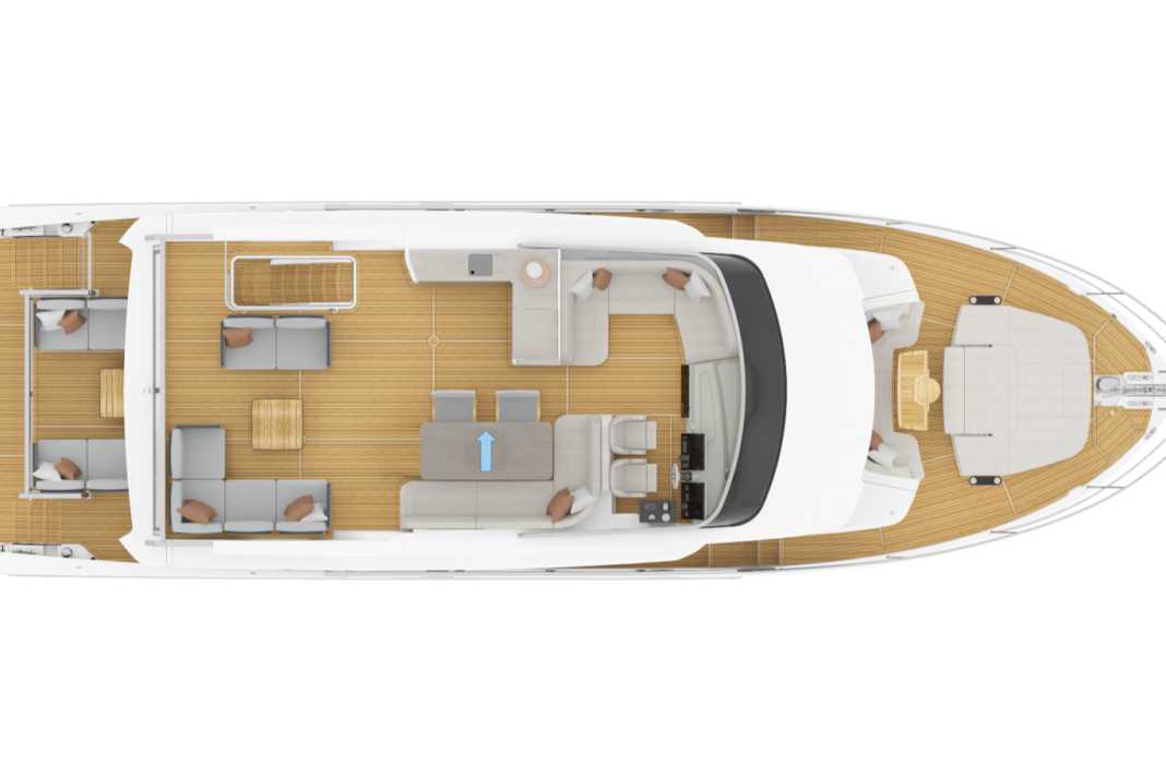 Flybridge: Die hinteren Lounge-Elemente lassen sich modular anordnen und für das Achtercockpit eine Ebene tiefer nutzen.