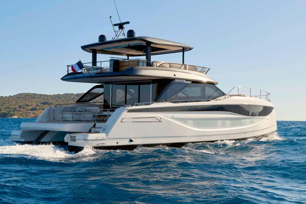 The Prestige M7 off the French coast. The bathing platform can be lowered hydraulically to below the water surface.