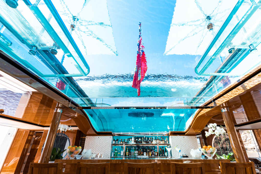 "Sophia": The 97-metre Feadship (2017) has a pool (8.8 x 3.7 m) with a multi-laminated glass floor.