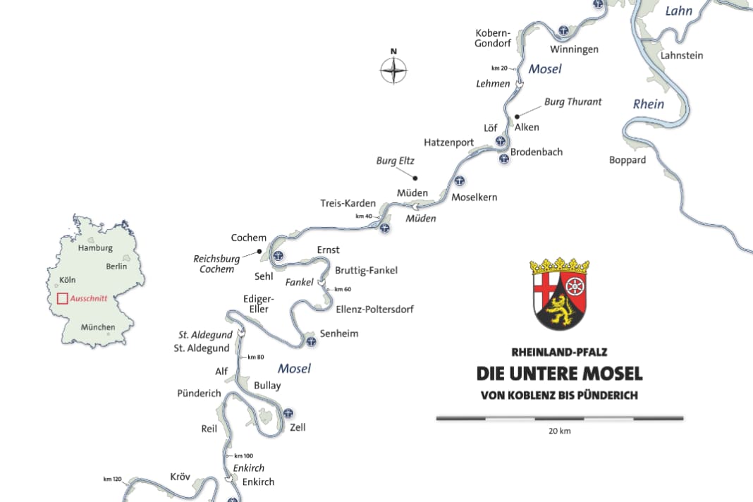 Untere Mosel: Übersichtskarte von km 0 bis km 120