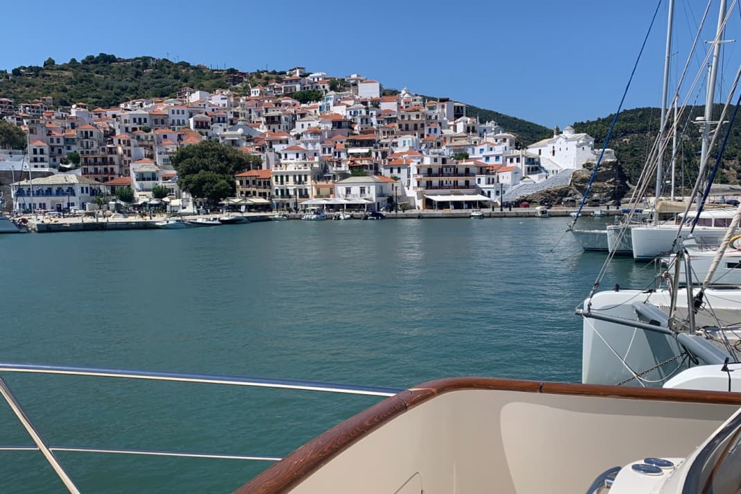 "Azura" in the harbour of Skopelos