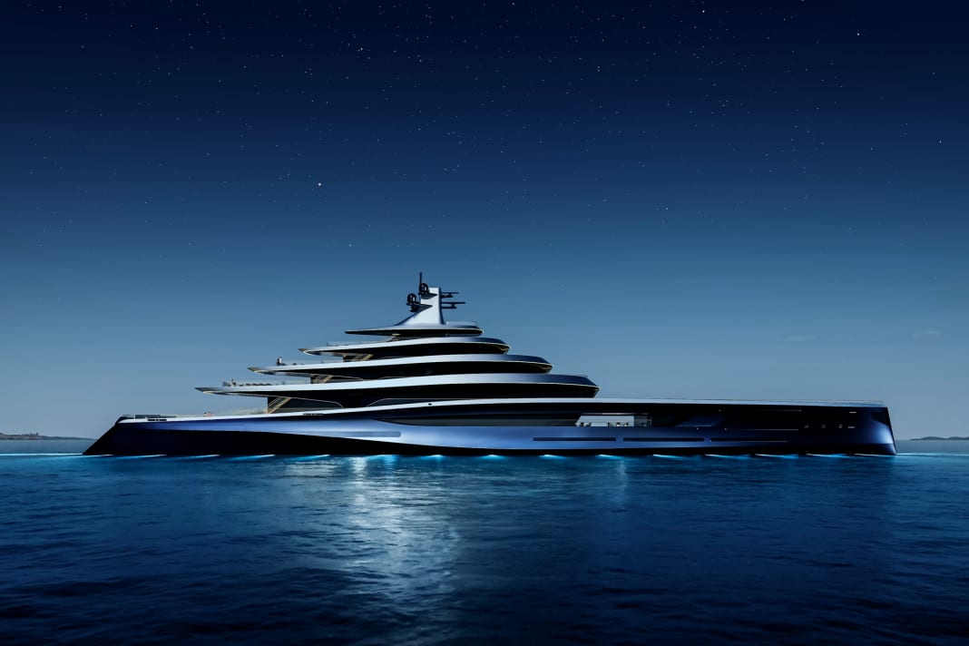 „Aeolus“: Der Bug ist lang gezogen, der Aufbau sitzt weit hinten. Giles Taylor zeichnete die Außenlinien, die den Segelyachten der J-Class ähneln