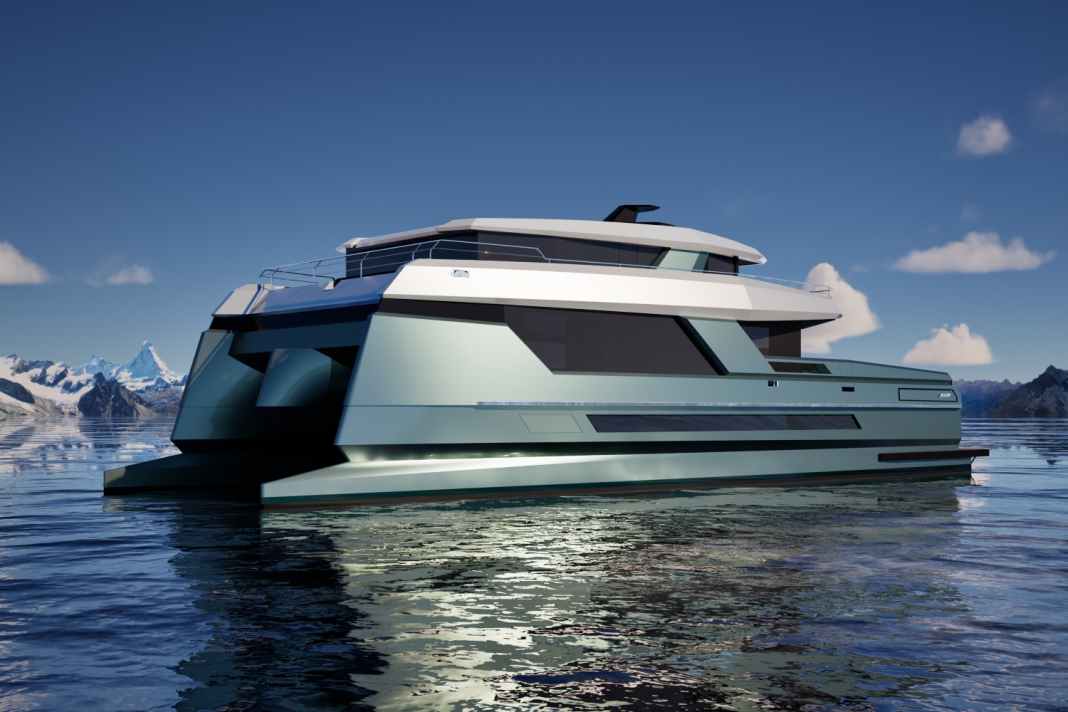 Für den 26-Meter-Kat entwickelte Ker Yacht Design Wavepiercing-Bugformen, die mit einem Foil dazwischen kombiniert werden. Bei 11 Knoten werden 4.000 Seemeilen angepeilt.