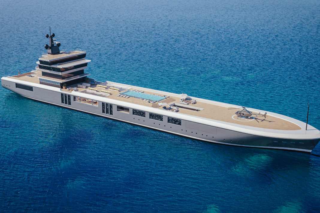 Curtain up for the 150-metre superyacht based on a freighter. Even the residential tower was taken over.