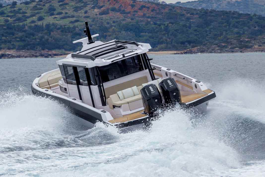Two 600-hp Mercury engines get the Technohull moving.