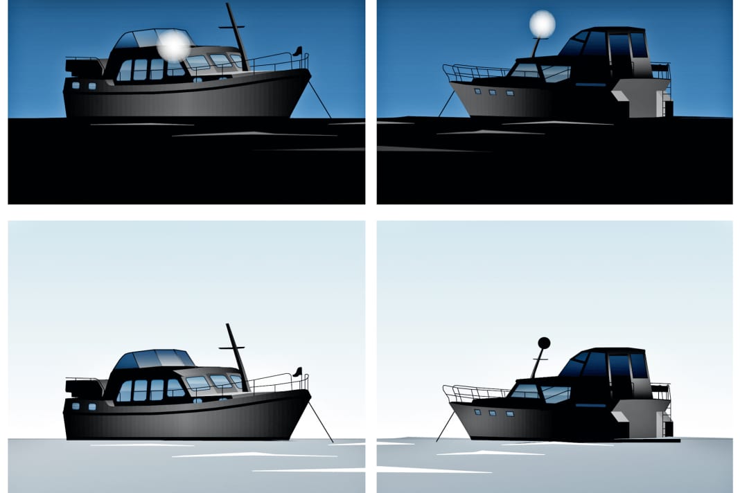 Bezeichnung von „stillliegenden Kleinfahrzeugen“ (bis 20 m) binnen (links) und Bezeichnung von „Fahrzeugen vor Anker“ (unter 50 m) auf See (rechts) | Zeichnung: Christian Tiedt