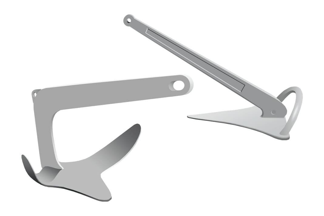 The Bruce anchor: With its protruding, three-bladed flukes in the shape of a shovel, the Bruce has a high holding power when it digs deep into soft ground. With no moving parts, it is easy to handle, but only fits in spacious anchor boxes - or on the roller at the front of the bow. It is less suitable for overgrown and stony ground. The plough anchor: As the name suggests, this anchor digs into the soft ground like a plough under tensile load. An all-purpose model that is marketed with many slight modifications under different product names. The best-known are the CQR with a lateral shank joint (see illustration), the Kobra, whose shank can be folded forwards, and the hingeless Delta
