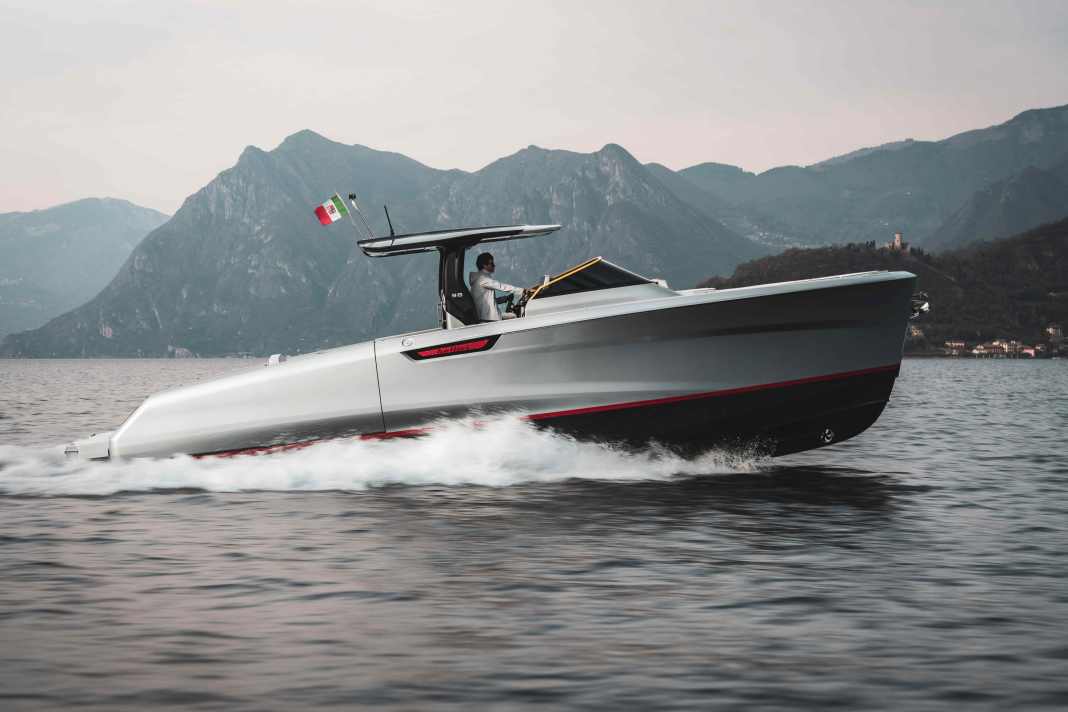 The yacht is painted in a silver-red metallic colour inspired by Castellacci's Ferrari LMGT3 Evo.