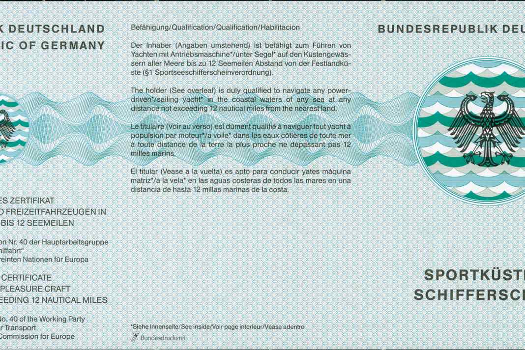 Der Sportküstenschifferschein wird für Küstengewässer (innerhalb 12 Seemeilen) empfohlen.