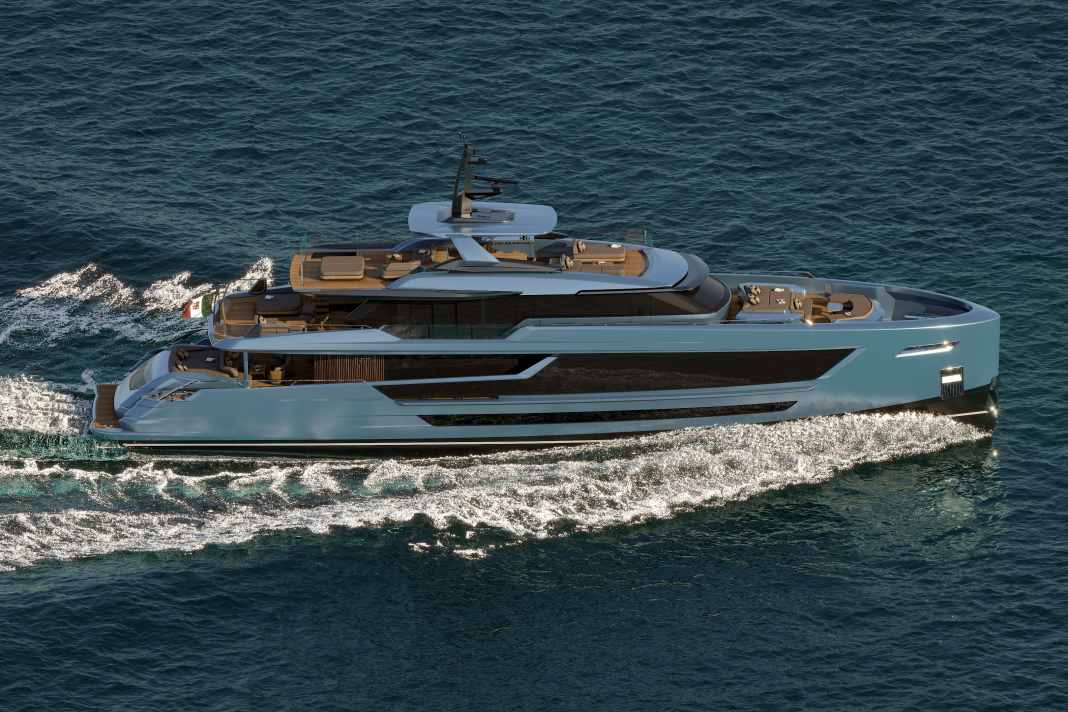 Francesco Paszkowski Design created the exterior and interior of the 40-metre-long aluminium semi-glider. | Rendering: Tuxedo Yachting House